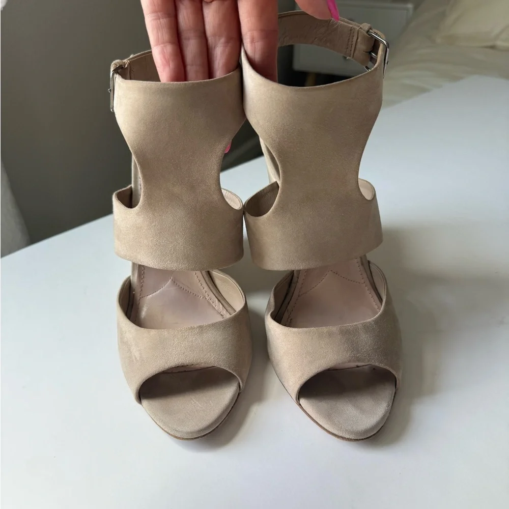 Miu Miu  Neutral Taupe Wedge Sandals